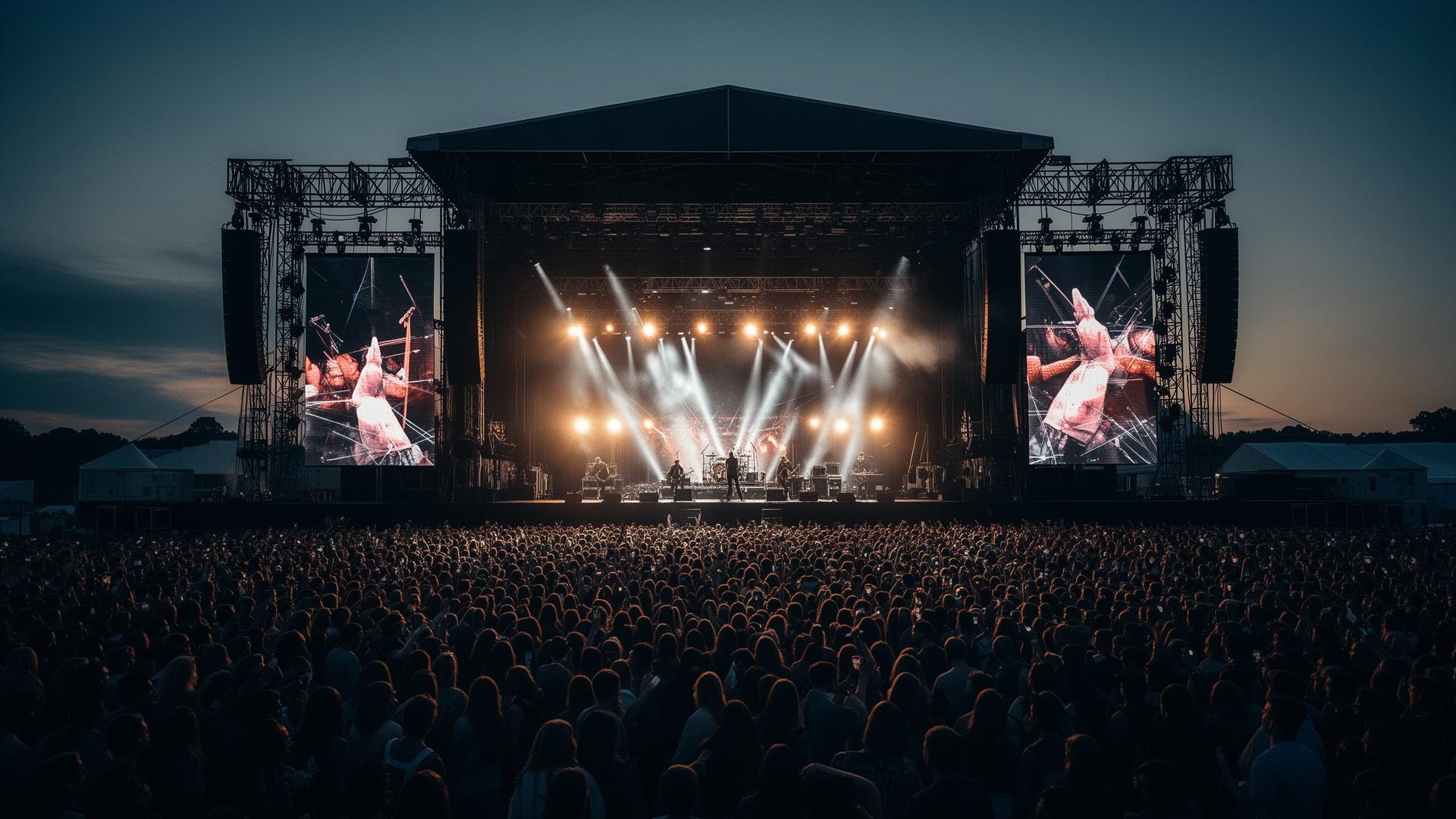 Large-scale international festival operations at dusk