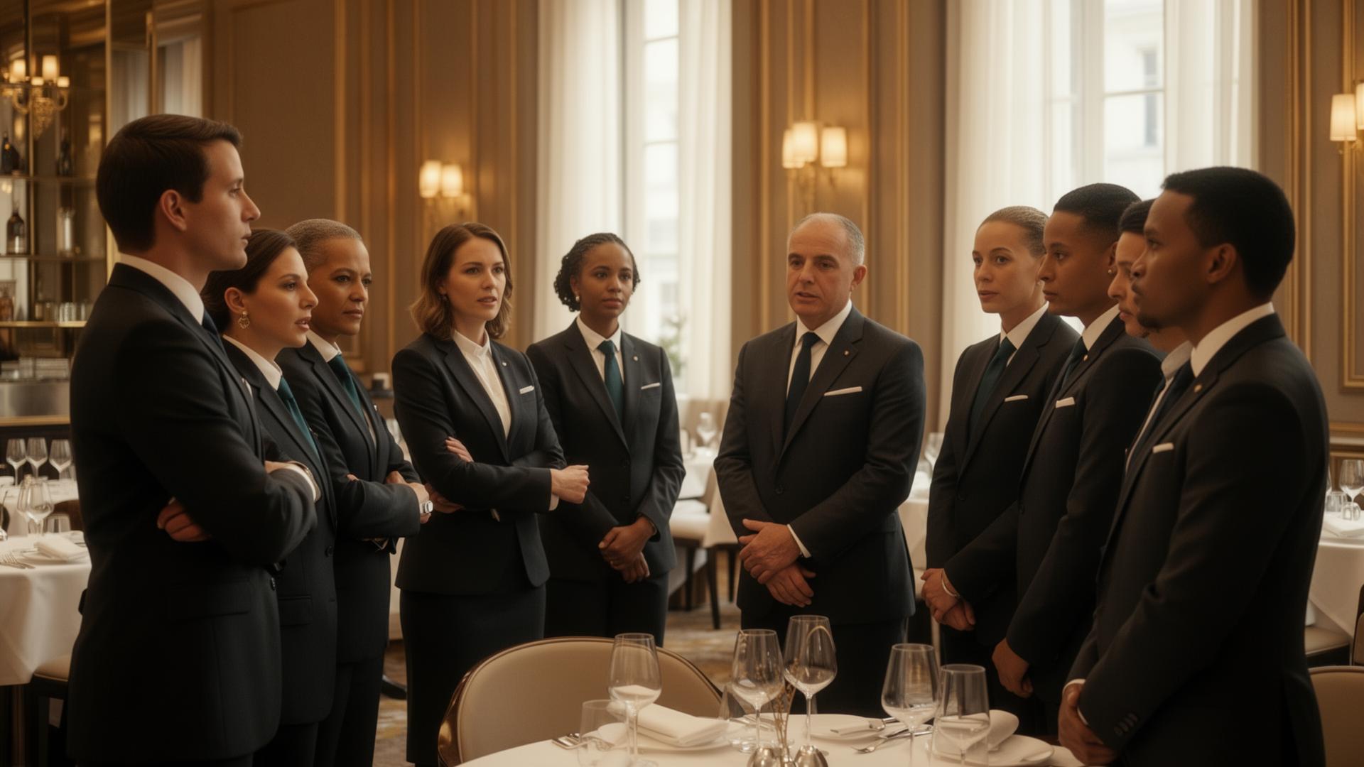 Hospitality leadership team in a premium dining room briefing before service
