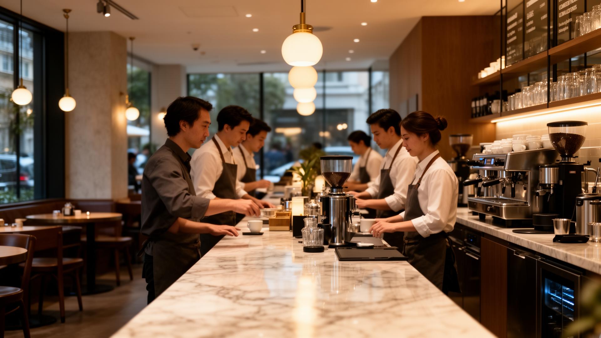 Premium café and coffee bar team coordinating during peak service