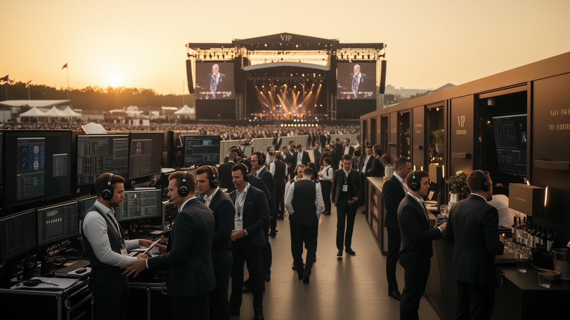International live event operations team coordinating a premium festival and hospitality environment